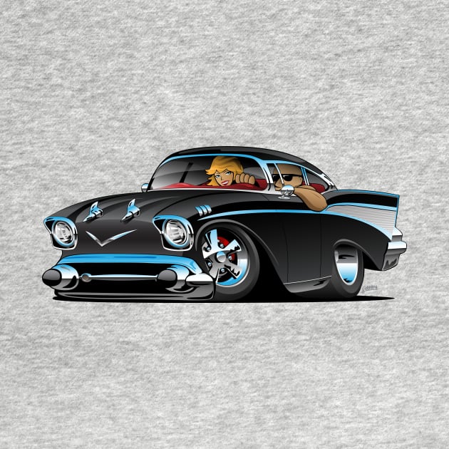 Classic hot rod fifties muscle car with cool couple cartoon by hobrath